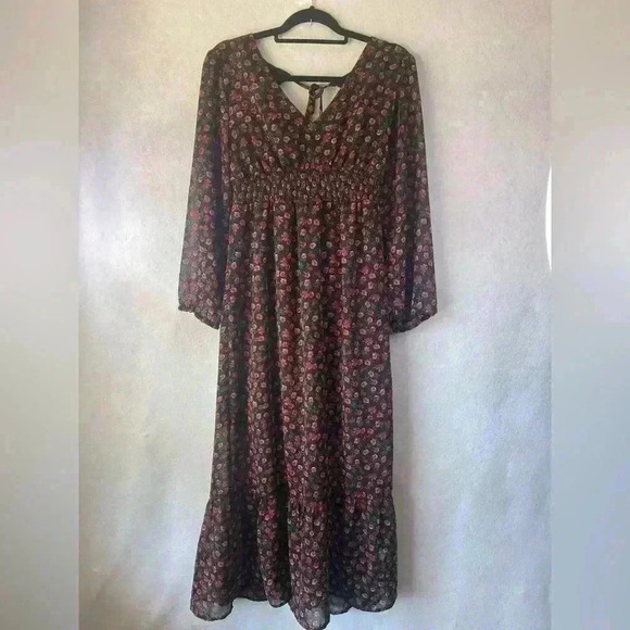 Indulge Women's Floral Smocked V Neck Bell Sleeve Fairy Goth Maxi Dress Sz Large - Picture 2 of 13